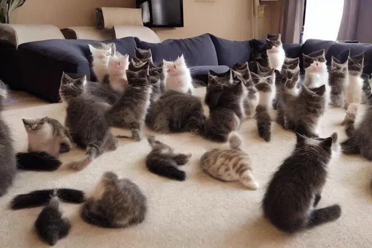 Image similar to a living room full of cute kittens that are all sitting positioned directly at the camera and all of the kittens are looking directly into the camera