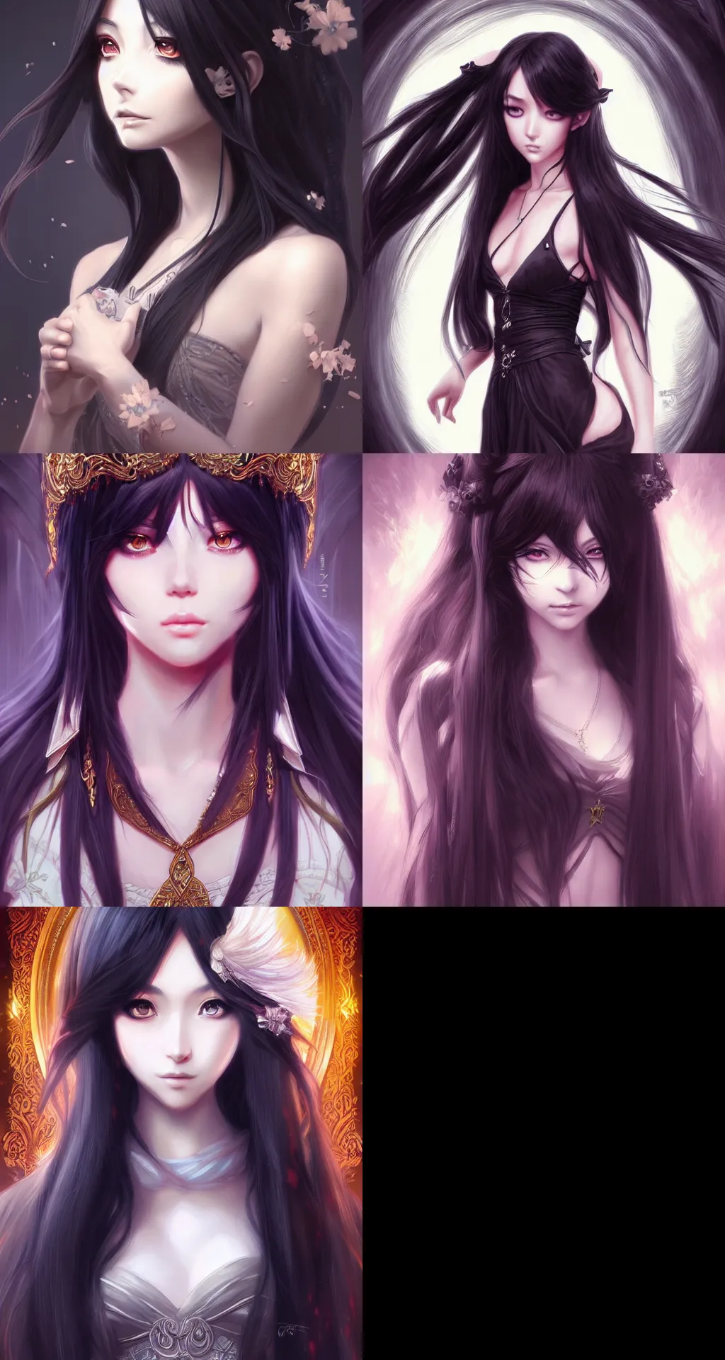 Prompt: anime portrait, intricate, ornate, mystical, elegant, long black hair, digital painting, artstation, concept art, art by artgerm