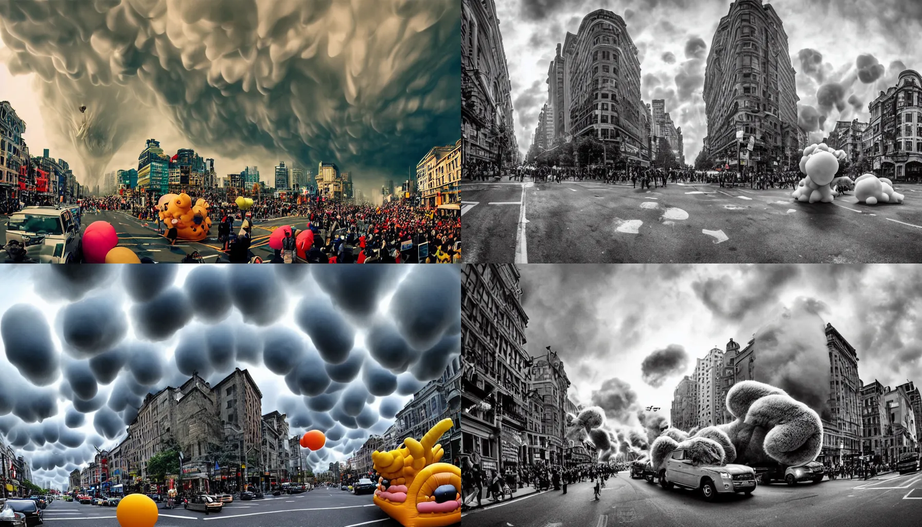 Prompt: a professional photograph of a Kaiju attacking the city that looks like very giant huge inflatable parade balloon of an very uncanny and unidentifiable furry animal that nearly fills a very beautiful city street. The furry balloon nearly fills the frame. Mammatus clouds worms eye shot, wide-angle, racking focus, extreme panoramic, Dynamic Range, HDR, chromatic aberration, Orton effect, Photo by Marc Adamus, Ryan Dyar, Ezra Stoller, and Andres Gursky