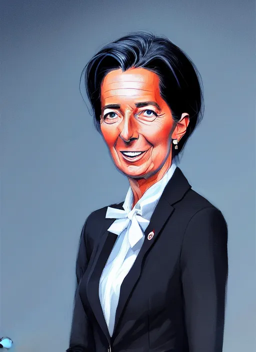 Image similar to a ultradetailed beautiful panting of christine lagarde wearing a stylish shirt with a tie, she has black hair, dancing, background explosion, by jesper ejsing, ilya kuvshinov, greg rutkowski on artstation