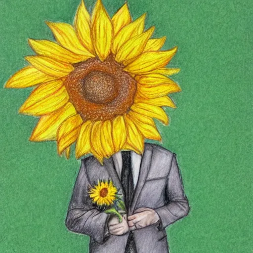 Image similar to full body shot of a man with a sunflower instead of a head wearing a business suit, color pencil sketch