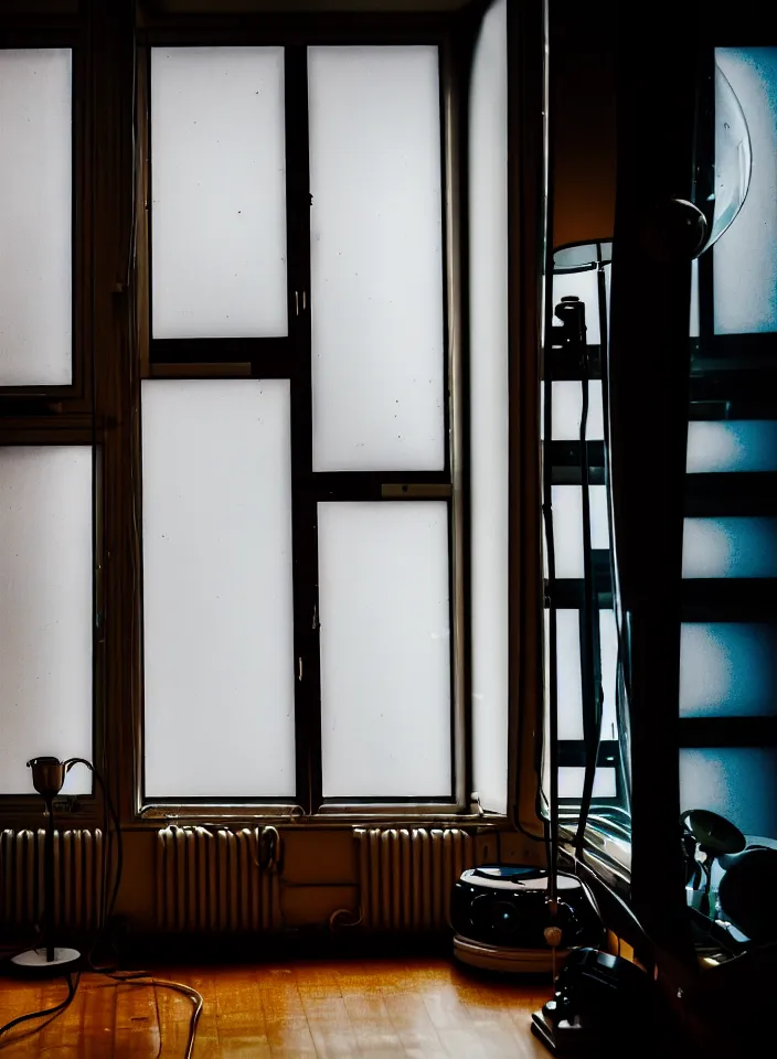 Prompt: telephoto 7 0 mm f / 2. 8 iso 2 0 0 photograph depicting the feeling of chrysalism in a cosy cluttered french sci - fi minimalist ( art nouveau ) cyberpunk apartment in a dreamstate art cinema style. ( ( computer screens, window, sink, lamp ( ( ( fish tank ) ) ) ) ), ambient light.