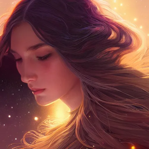 Image similar to girl with super long hair, hair becoming night stars, intricate, highly detailed, digital painting, artstation, concept art, smooth, sharp focus, illustration, unreal engine 5, 8 k, art by artgerm and greg rutkowski and alphonse mucha