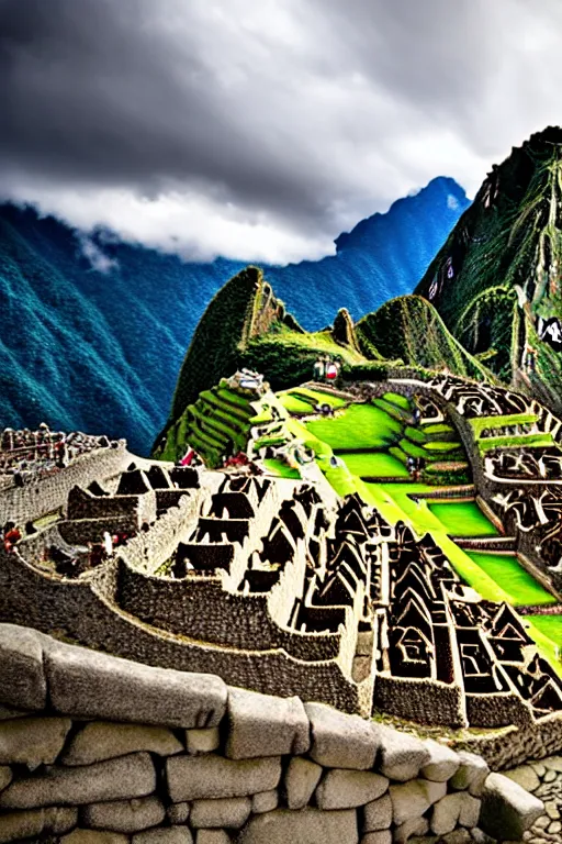 Prompt: A photo shot view of Machu Picchu with in the center a giant creature that scream towards the stormy sky, high detail, 8k, cinematic