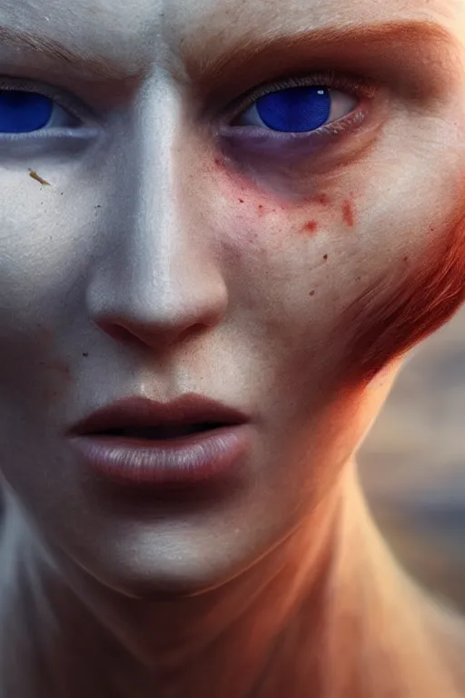 Image similar to outer body projection of beautiful woman, blue eyes, angry look, messy ginger hair, 4 k, cinematic lighting, hdr, highly detailed, ultra fine detail, photoreal, sharp focus, art by zdislav beksinski, rendered in octane, raytraced