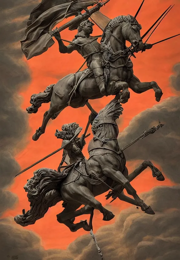 Image similar to [A sculpture of St.Georges slaying the dragon. Soviet!!!! Propaganda!!!! poster!!!!!!!!!!, promotional poster, advertising, composition, graphic design, elegant, highly detailed, digital painting, artstation, concept art, matte, sharp focus, illustration, octane render, unreal engine, photography]