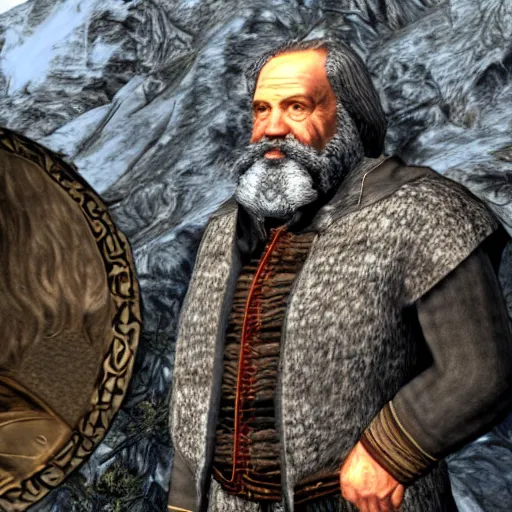 Prompt: Karl Marx pondering his orb in skyrim