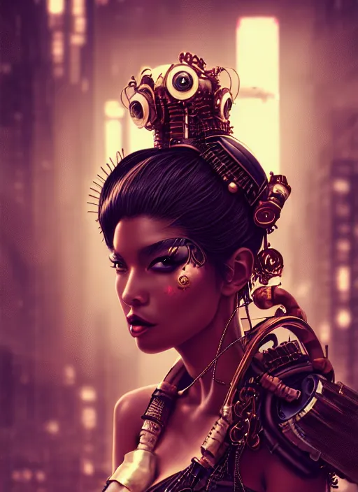 Image similar to soft lustrous ebony geisha seductive raver gutter punk steampunk cyborg, golden ratio, details, scifi, fantasy, cyberpunk city, intricate, decadent, highly detailed, octane render, digital painting, artstation, concept art, sharp focus, illustration, art by artgerm, loish, wlop