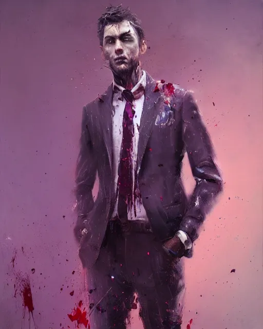 Image similar to A hyper realistic oil painting of a man in his twenties dressed in a purple suit, full height, clean shaven, insane looking face, messy hair, covered in blood, by Greg Rutkowski, trending on artstation, 4k, creepy lighting