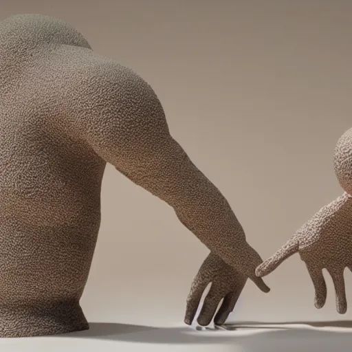 Prompt: ceramic sculptures, soft 3 d render, diffused lighting, two aliens meeting for the first time, touching fingertips, artwork by shary boyle