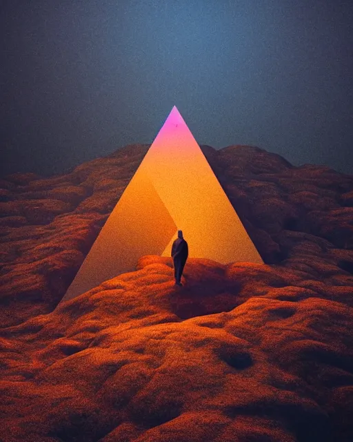 Image similar to a man standing in the middle of a mountain with a glowy triangle, a render by filip hodas, behance contest winner, environmental art, rendered in cinema 4 d, volumetric lighting