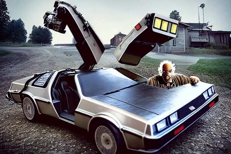 Image similar to doc brown working construction, building a delorean, back to the future, in the style of erik johansson