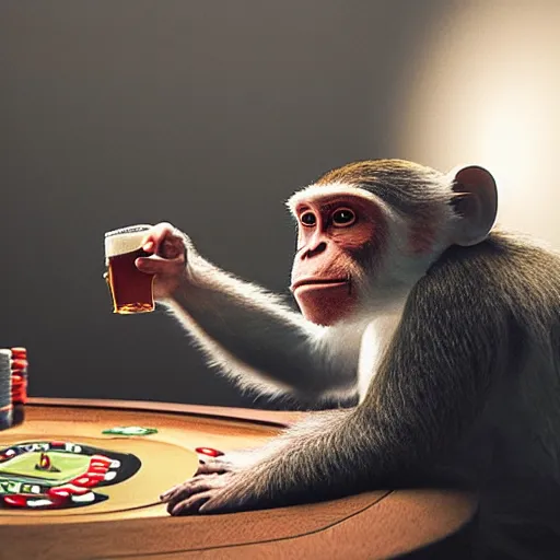 Image similar to Monkey drinking beer playing poker, Hyper Realism, realistic, cinematic lighting, ambient lights,