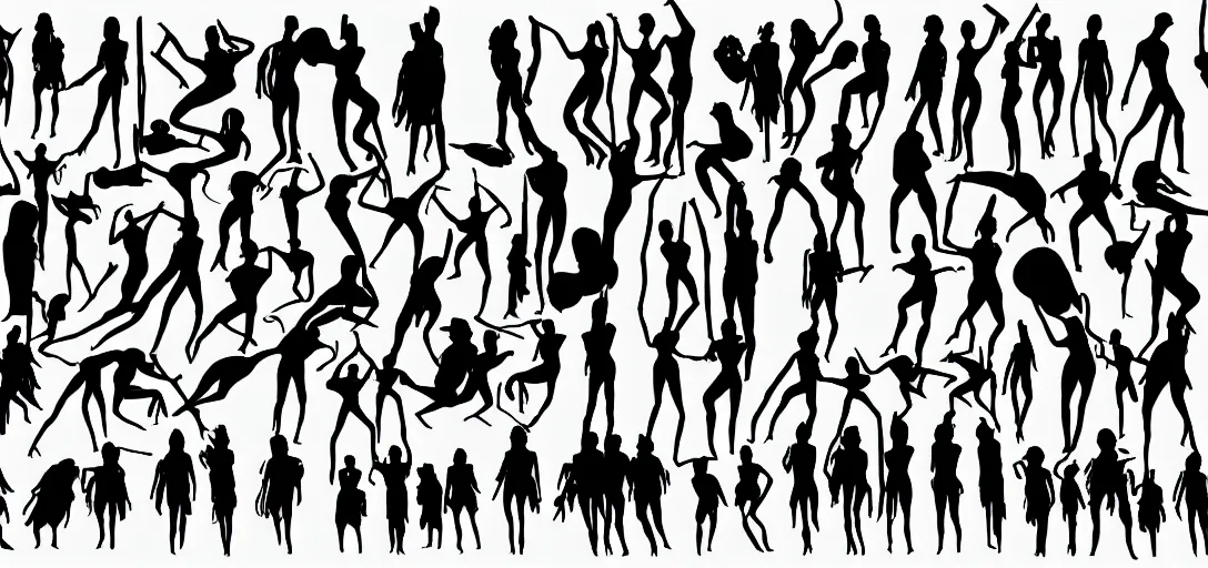 Image similar to many sensual humans in solid silhouettes, saluting, dancing, interacting and posing, mooc, organic and intricate, elegant, highly detailed, concept art, sharp focus, illustration, high contrast, long shadows, painted with colour on white, 8 k