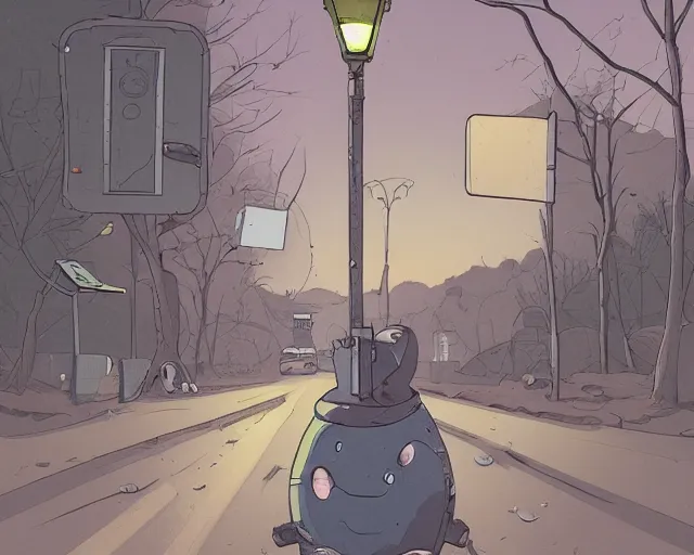 Image similar to a study of cell shaded cartoon of a Grey alien on a country road, street lamps, road, illustration, wide shot, subtle colors, post grunge, concept art by josan gonzales and wlop, by james jean, Victo ngai, David Rubín, Mike Mignola, Laurie Greasley, highly detailed, sharp focus, alien, Trending on Artstation, HQ, deviantart, art by artgem