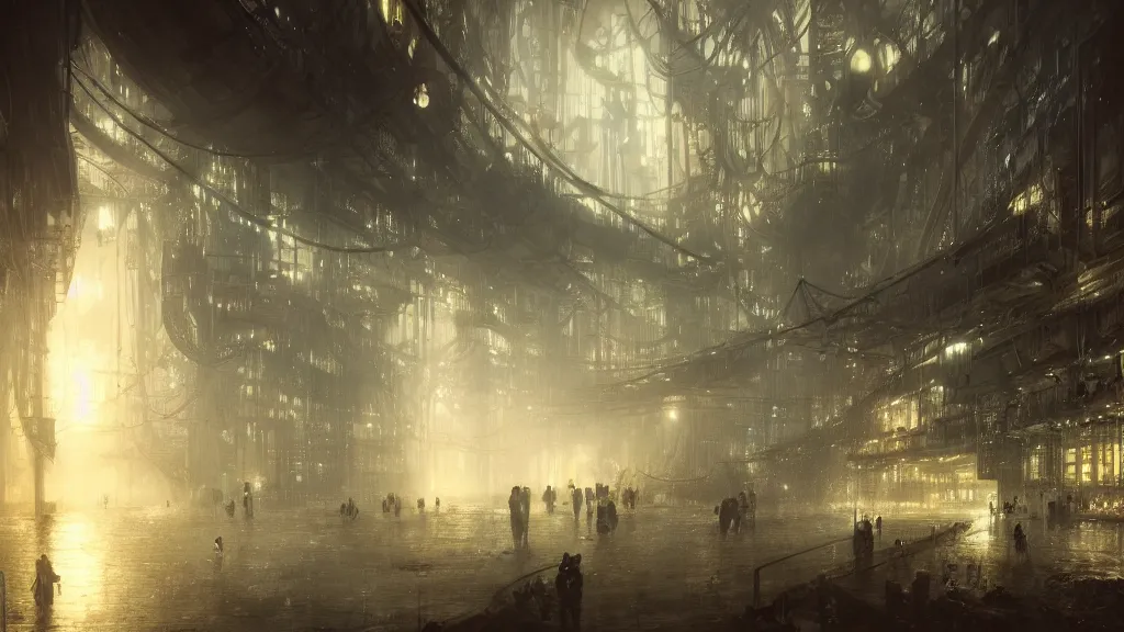 Image similar to technological cityscape deep underground, andreas achenbach, artgerm, mikko lagerstedt, zack snyder, tokujin yoshioka