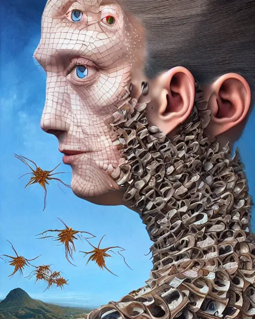 Image similar to non - binary gender dysphoria theme surrealist art in the styles of igor morski, jim warren, and rob gonsalves, intricate, hyperrealistic, volumetric lighting