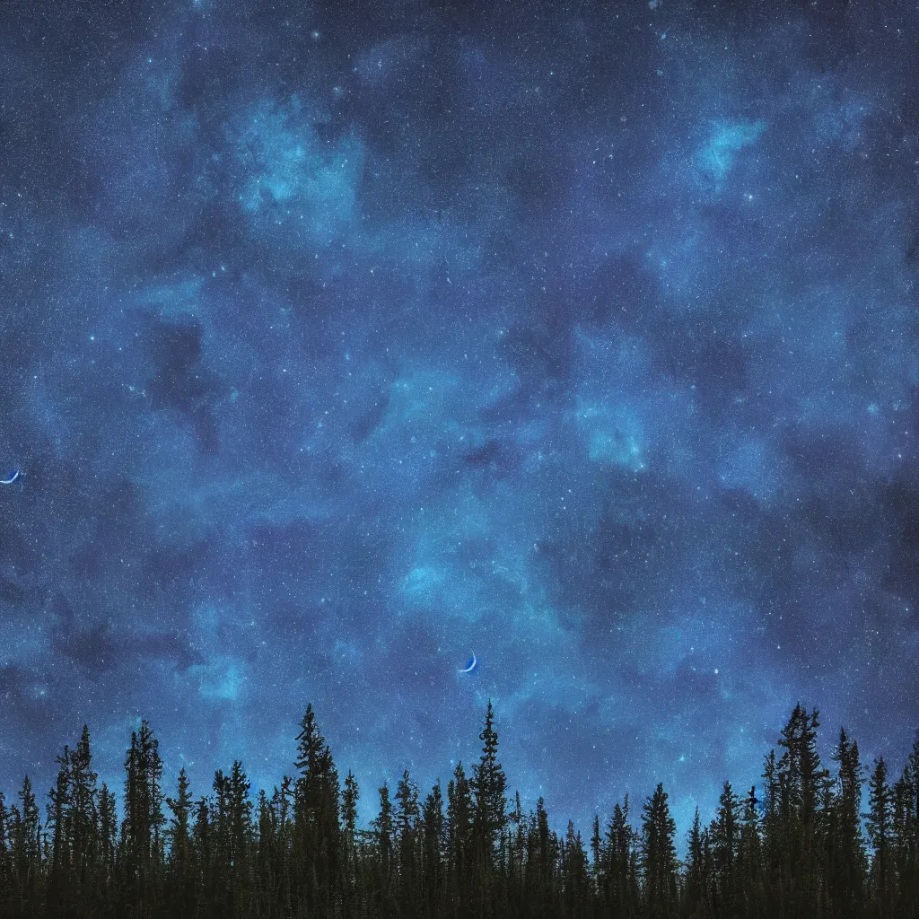 Image similar to night forest, stars, moon, blue light, 8 k, realistic