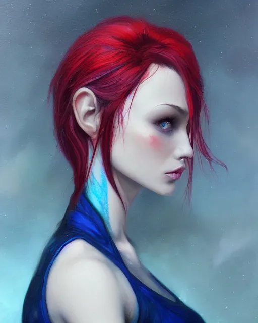 Image similar to A detailed matte oil on canvas head on symmetrical portrait of a distinguished elven woman with split red and blue hair on an empty background, by Charlie bowater, Wlop, trending on artstationhd, dungeons and dragons art, parted hair , half blue, half red , split dye, critical role