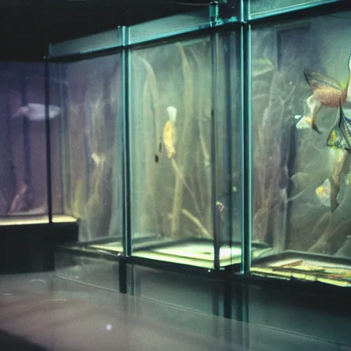 Prompt: spooky creepy liminal space, display case, aquatic exhibition science museum, dried aquarium, computer screens, backroom stairs going down under water, photo taken on 1 9 8 0 s fujifilm superia