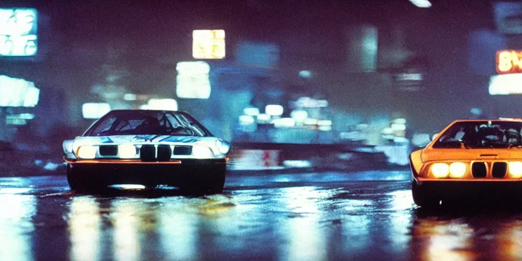 Prompt: a single bmw m 1, speeding down tokyo highway in the rain, night time, neon lights, thunderstorm, movie still from the film bladerunner