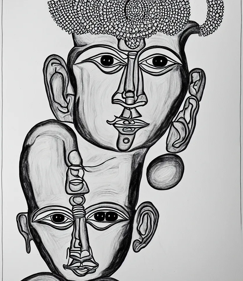 Image similar to detailed line art portrait of ramanuja, inspired by egon schiele. caricatural, minimalist, bold contour lines, musicality, soft twirls curls and curves, confident personality, raw emotion