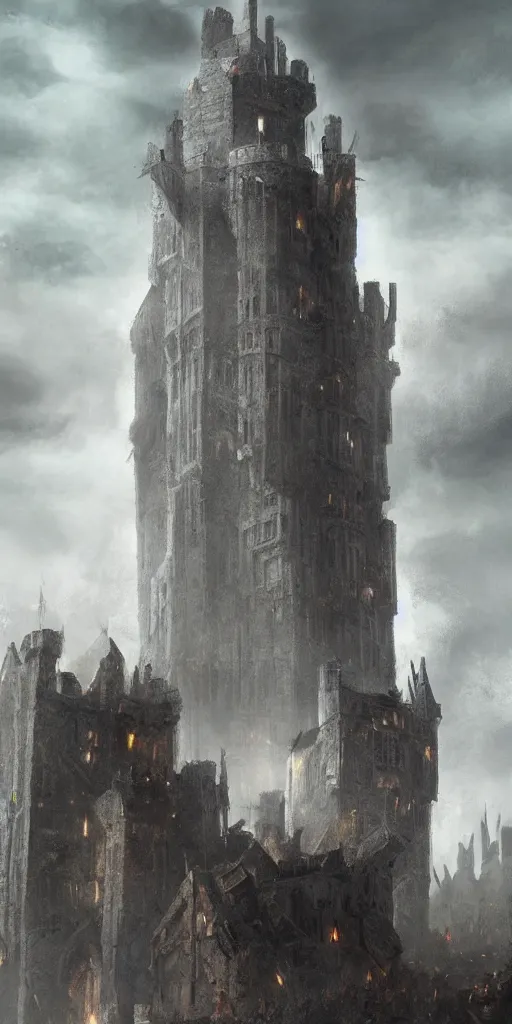 Prompt: giant medieval tower concept art, very very very very tall, houses stacked on each other, dramatic lightning, trending on deviantart, movie still, game of thrones, award wining photograph