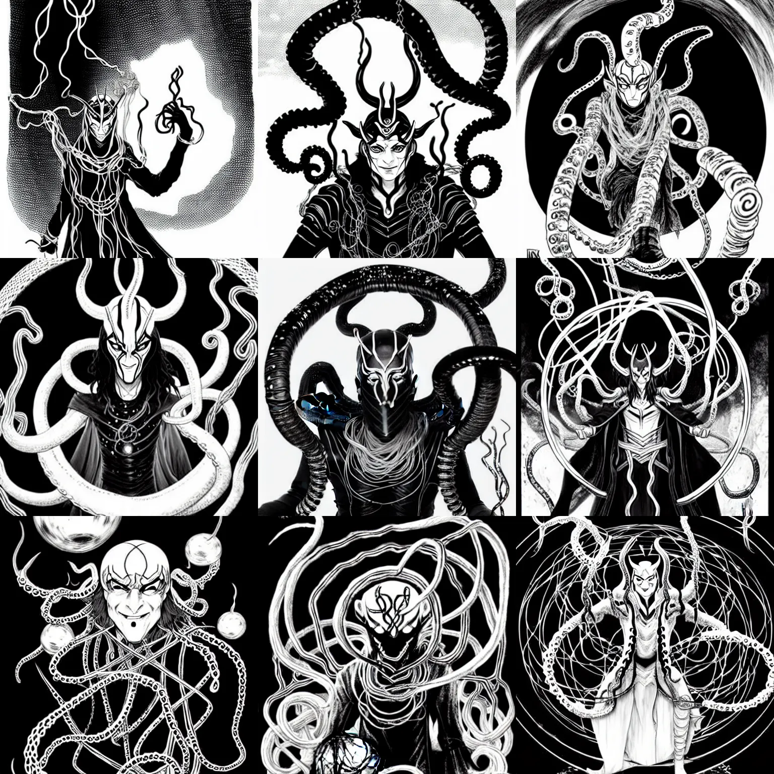 Prompt: black and white loki with tentacles and wires in an epic magician costume makes a spell on a crystal ball, runes in the air, many magical laughing troll heads fly in the background, by tsutomu nihei