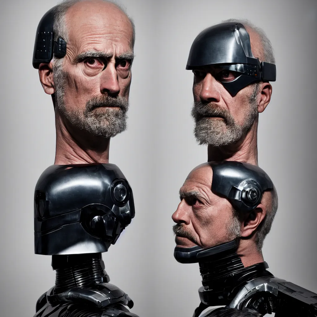 Prompt: An Alec Soth portrait photo of Robocop without a helmet, rembrandt lighting, natural lighting, subtle vignette