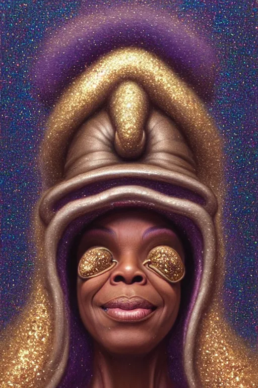 Image similar to anthropomorphic spiral head in sugar candyglitter oprah winfrey plague doctor, intricate, elegant, highly detailed face, wide angle, digital painting, artstation, concept art, sharp focus, illustration, art by artgerm, bob eggleton, stephen hickman, richard corben, wayne barlowe, greg rutkowski, alphonse mucha, 8 k