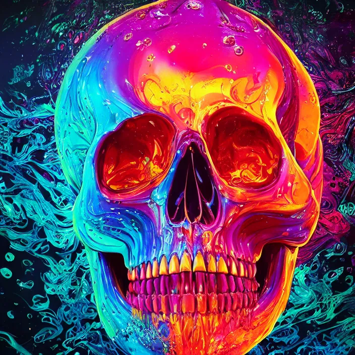 Image similar to illustration of a colorful melting human skull. flowers and blossoms, ferrofluids, burning water distortions. intricate abstract. intricate artwork. by Tooth Wu, wlop, beeple, dan mumford. octane render, trending on artstation, greg rutkowski very coherent symmetrical artwork. cinematic, hyper realism, high detail, octane render, 8k, depth of field, bokeh. iridescent accents