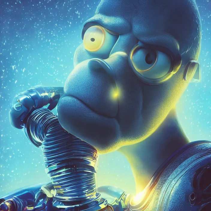 Image similar to portrait art of 8k ultra realistic retro futuristic Homer Simpson, lens flare, atmosphere, glow, detailed,intricate,blade runner, cybernetic, full of colour, cinematic lighting, trending on artstation, 4k, hyperrealistic, focused, extreme details, unreal engine 5, cinematic, masterpiece, art by ayami kojima, giger