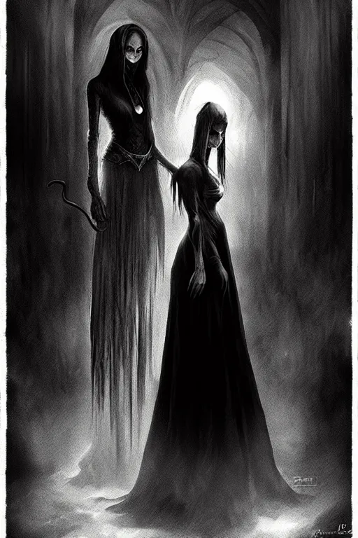 Image similar to a black and white photo of a demon standing behind a woman, concept art by Þórarinn B. Þorláksson and Anato Finnstark, deviantart, gothic art, hellish, wiccan, macabre, demonic photograph