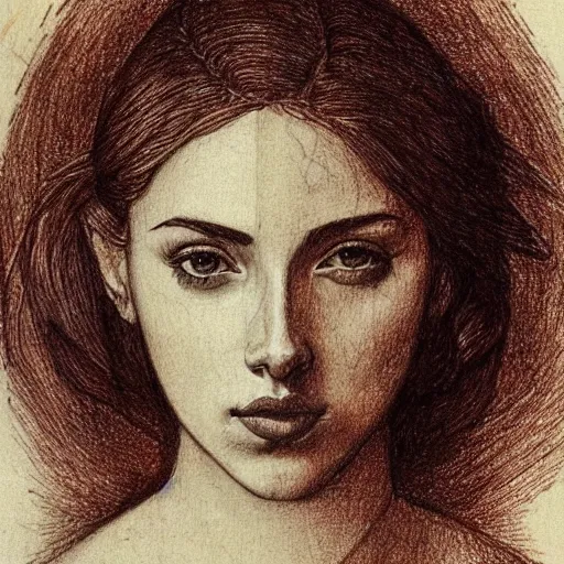 Prompt: a finished, detailed portrait drawing with reddish brown ink on parchment of a very young italian woman resembling scarlett johansson and ana de armas, by leonardo davinci in davinci's style from one of his notebooks