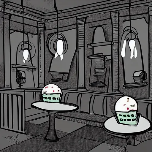 Prompt: ice cream parlor ( 1 8 5 0 ) is dimly lit with a one flickering lightbulb. an ice cream case in the room has leaked runny ice cream onto the floor, the shape of the leak is reminiscent of werewolf fangs. there is an eerie blue electric glow about. digital art, 3