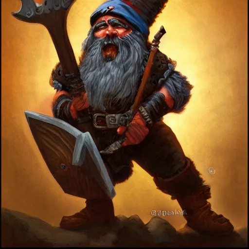 Image similar to a gnome barbarian with a brown beard and a battle axe, by Gerald Brom, realistic, detailed, trending on art station