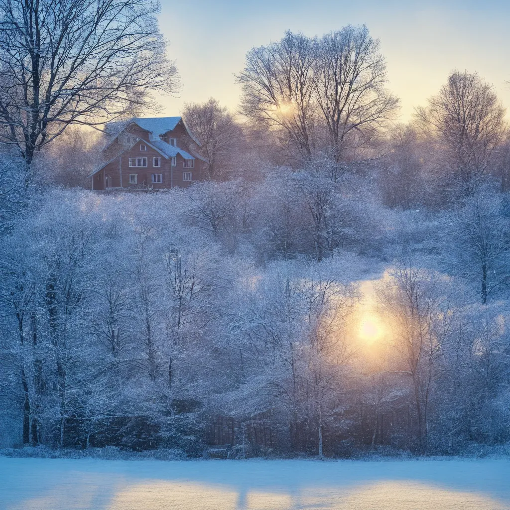 Image similar to landscape with house near forest and small pond, sunny winter evening, snowing, blizzard ambient, atmospheric, mystical, very detailed 4 k, professional photography