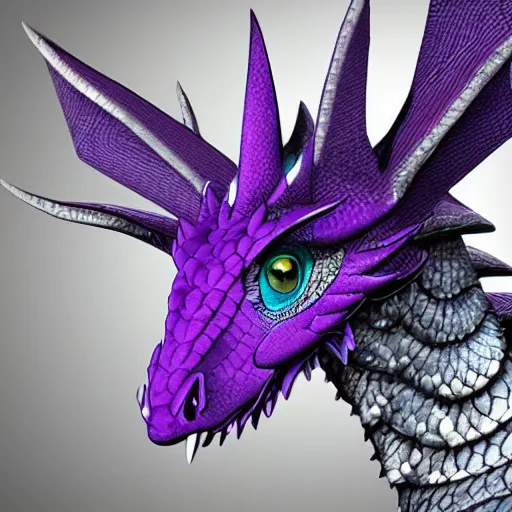 Prompt: a 128 foot tall elegant female silver western dragon with purple accents, having a 360 foot long wingspan; The scales smooth and streamlined, while having a sleek and sharp crest; two eyes bright blue; the snout sharp and pointed, yet sleek and elegant; close-up bust; deviantart, furaffinity