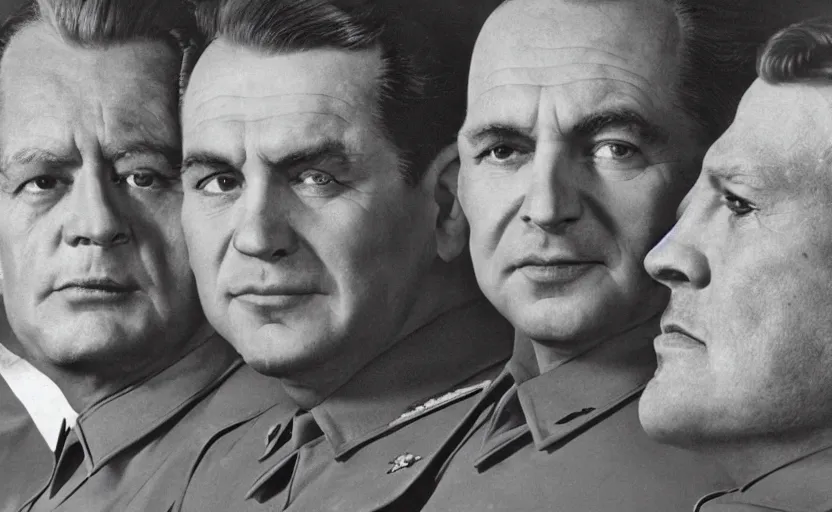 Image similar to 50s movie still close-up portrait of three individual elder soviet generals with very diverses faces in a stalinist style hall, by Irving Penn, Cinestill 800t 50mm black and white, heavy grainy picture, very detailed, high quality, 4k, HD criterion, precise texture, facial precision, diverse haircuts, diverse ages, each faces precisely define