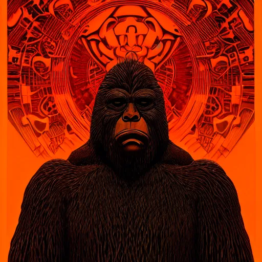 Image similar to cinematic portrait of a bigfoot, Intricate, desaturated, shepard fairey, Wayne Barlowe, Bruce Pennington, donato giancola, larry elmore, maxfield parrish, Moebius, Thomas Ehretsmann, screen print, gouache painting, masterpiece, trending on artstation, cinematic composition, dramatic pose, volumetric lighting, sharp, details, hyper-detailed, HD, 4K, 8K