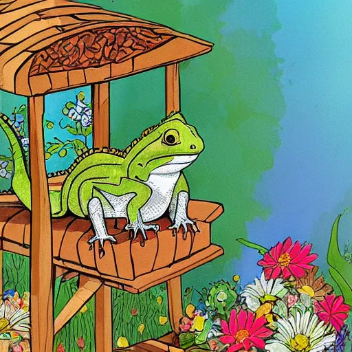 Image similar to a beautiful little lizard stands on a porch dotted with many flowers, fairytale illustration