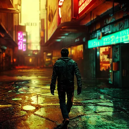 Prompt: A man with nothing left to lose, wandering in the hostile neon-soaked dirty streets of a city from the future, armed and dangerous, cyberpunk. night, rain, dark clouds, realistic 4k octane beautifully detailed render, 4k post-processing, highly detailed, intricate complexity, epic composition, magical atmosphere, cinematic lighting, masterpiece, ultra hd