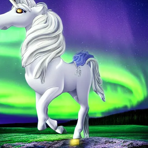 Image similar to warrior riding a pegasus unicorn through the aurora borealis, wielding a sword and shield, lighting, storm, by ricardo ow