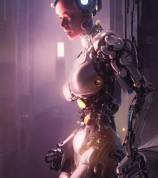 Prompt: ultra realistic full shot of a beautiful cyborg girl with mechanical arms, cyberpunk, sci - fi, fantasy, kodak, colour led, soft light, volumetric lighting, night, intricate, elegant, highly detailed, digital painting, artstation, concept art, smooth, sharp focus, illustration, art by artgerm and greg rutkowski and alphonse mucha