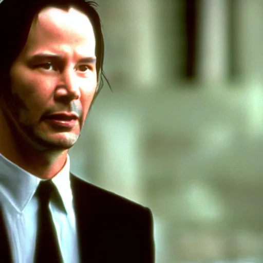 Prompt: A still image of Keanu Reeves as agent Smith in Matrix (1999)