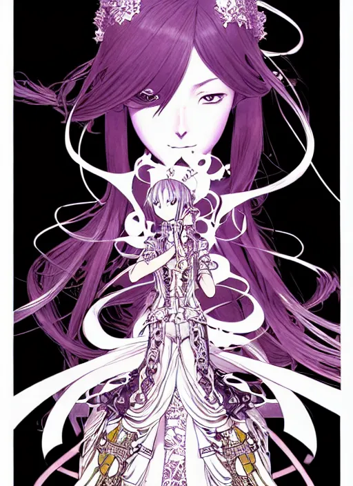 Image similar to highly detailed terada katsuya artstation minaba hideo fantastic fate shigenori soejima manga poster of princess mechine, long hair, armor, dress, laces, ruffles, 8 k, fluorescent, maximalist, jump comics, tomer hanuka, alphonse mucha