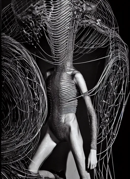 Image similar to walking down the catwalk, steven klein, mert alas and marcus piggott, show, stage, vogue photo, podium, fashion show photo, iris van herpen, beautiful woman, full body shot, helmet on face, masterpiece, inflateble shapes, plant predator, giger, guyver, jellyfish, wires, veins, biomechanical details