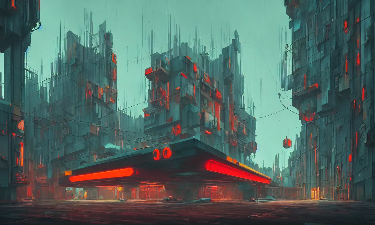 Image similar to brutalist architecture, colorful neon signs, raphael lacoste, eddie mendoza, alex ross, concept art, matte painting, highly detailed, rule of thirds, dynamic lighting, cinematic, detailed, denoised, centered