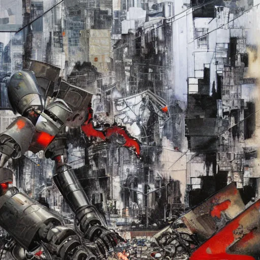 Prompt: a full-metal robot walks around the devastated downtown of Santiago of Chile, oil on canvas by Yoji Shinkawa and Dave McKean