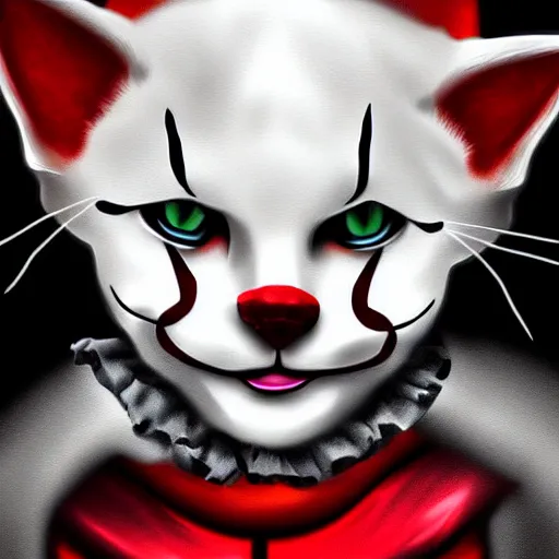 Image similar to a feline Pennywise cat,digital art